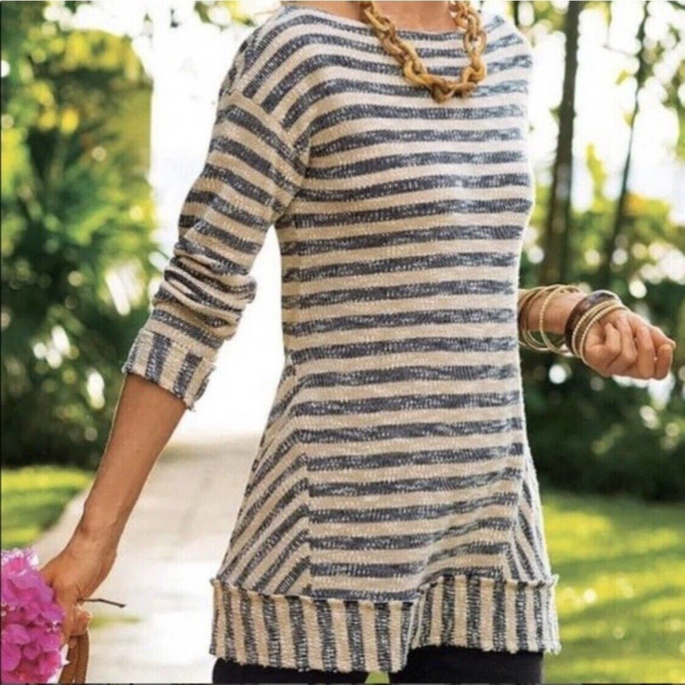Soft Surroundings Nautical Sweater Blue Beige Striped Size M